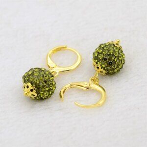 Elegant Olivine Austrian Crystal Ball Dangle Green and Gold Earrings